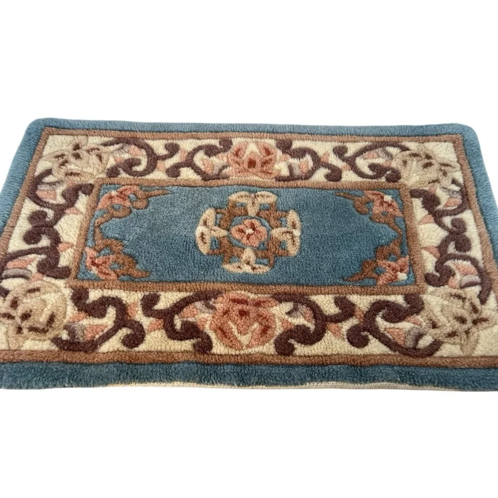 vtg Chinese Abbuson hand tufted high grade wool area rug blue peach 38 x 17